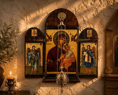 Παναγία η Αμόλυντος, Τρίπτυχο με Χριστό & Αρχαγγέλους, 60×57 cm